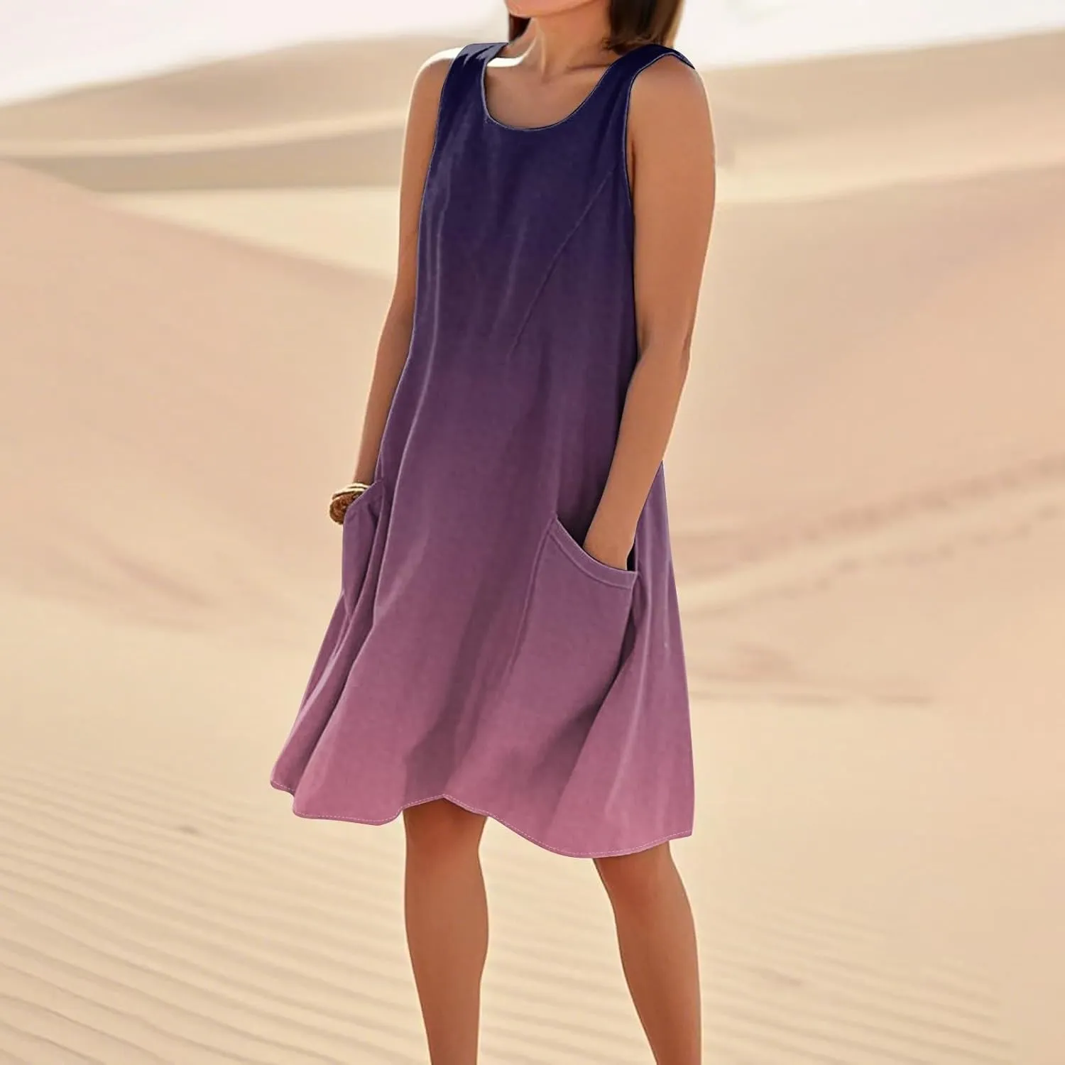 Summer Dresses for Women 2025 Crewneck Sleeveless Cotton Linen Tank Dress Beach Vacation Sundresses with Pockets