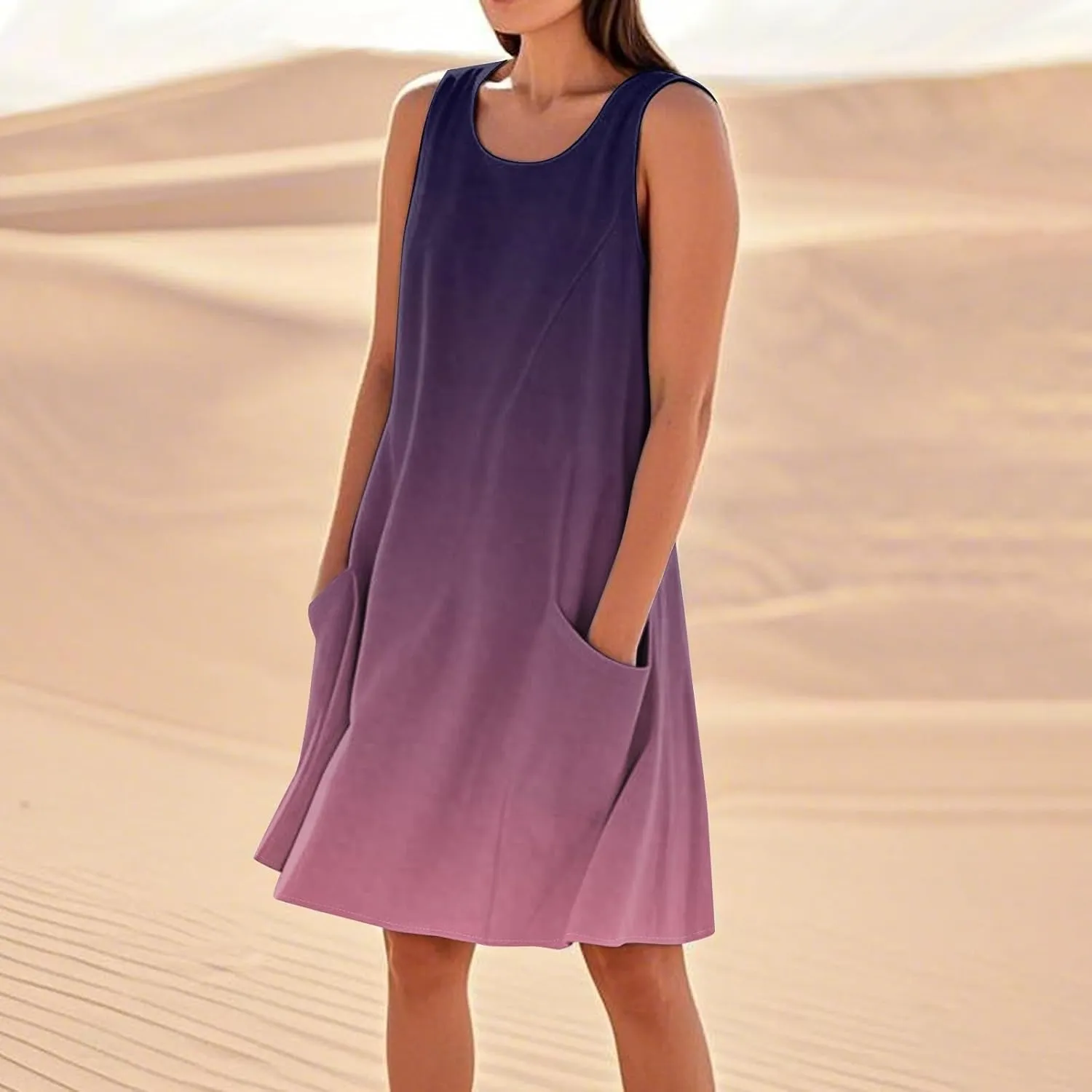 Summer Dresses for Women 2025 Crewneck Sleeveless Cotton Linen Tank Dress Beach Vacation Sundresses with Pockets