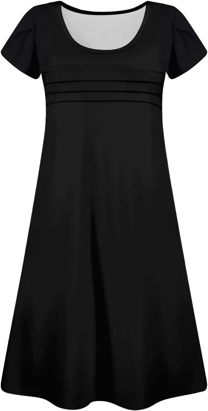 Summer Dresses for Women 2025 Petal Sleeve T Shirt Dress Pleated Solid Color Mini Sundress Clothes with Pockets