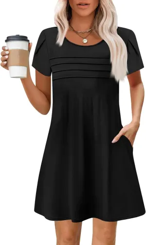 Summer Dresses for Women 2025 Petal Sleeve T Shirt Dress Pleated Solid Color Mini Sundress Clothes with Pockets