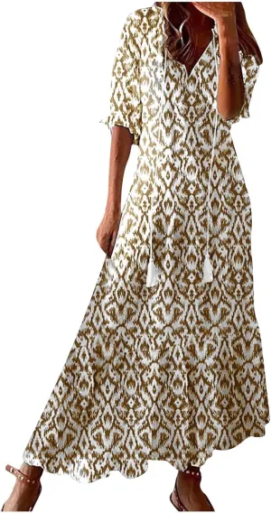 Summer Dresses for Women 2025 Short Sleeve Boho Maxi Dress V Neck Floral Sundress Casual Beach Vacation Outfits Clothes