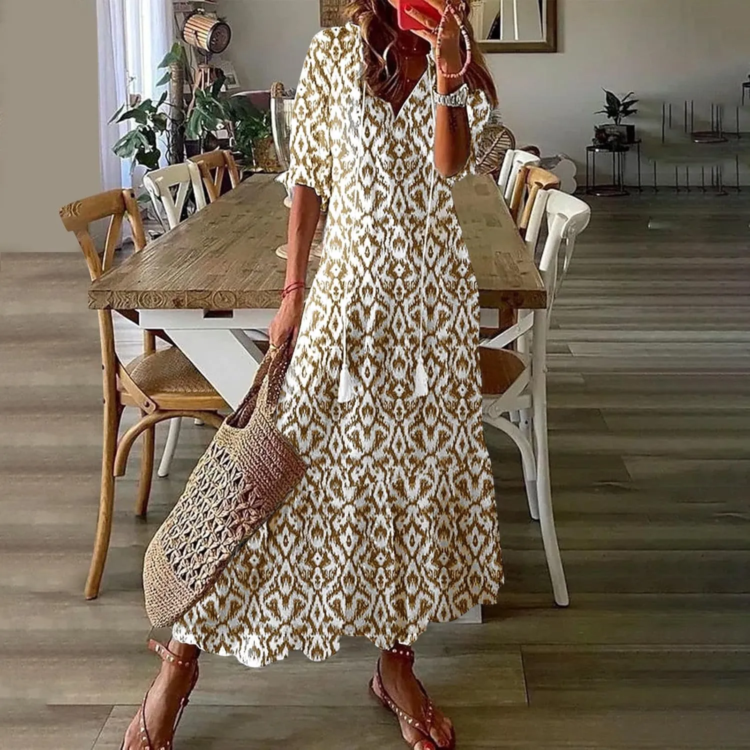 Summer Dresses for Women 2025 Short Sleeve Boho Maxi Dress V Neck Floral Sundress Casual Beach Vacation Outfits Clothes