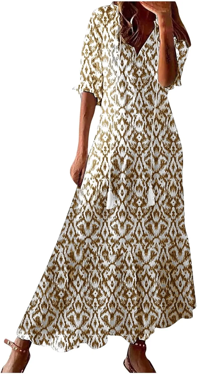 Summer Dresses for Women 2025 Short Sleeve Boho Maxi Dress V Neck Floral Sundress Casual Beach Vacation Outfits Clothes