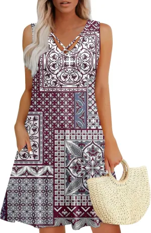 Summer Dresses for Women 2025 Sleeveless Loose Tank Dress V Neck Boho Beach Sundresses Floral Casual T Shirt Dresses