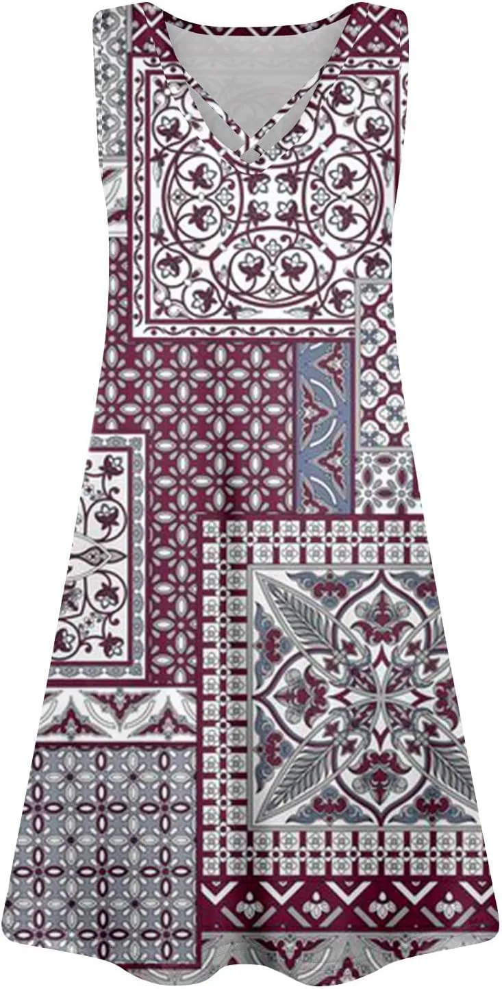 Summer Dresses for Women 2025 Sleeveless Loose Tank Dress V Neck Boho Beach Sundresses Floral Casual T Shirt Dresses