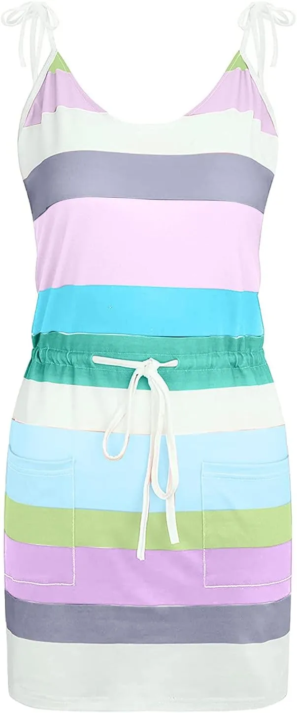 Summer Sundresses for Women Beach Dress Casual V-Neck Sleeveless Bandage Stripe Printing Loose Vest Sling Dress