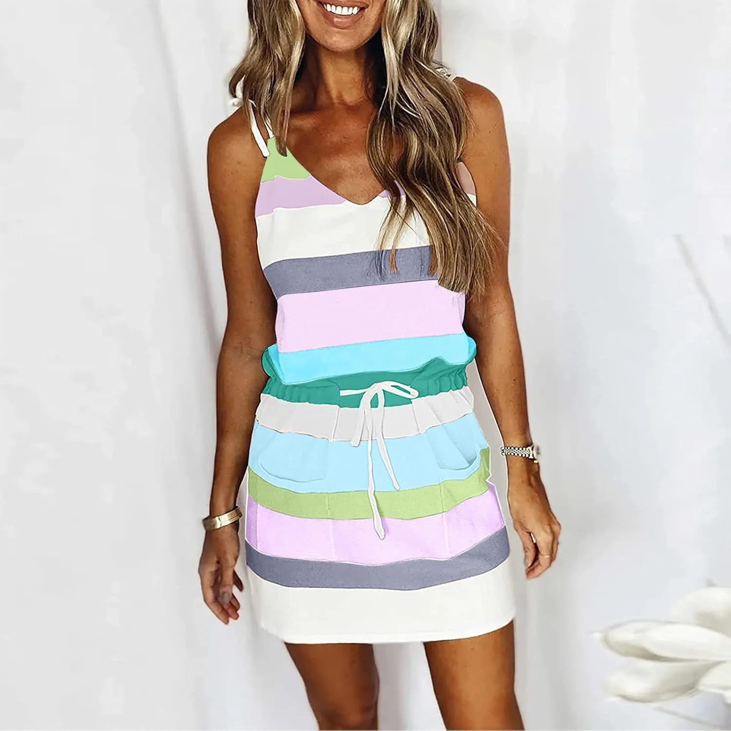 Summer Sundresses for Women Beach Dress Casual V-Neck Sleeveless Bandage Stripe Printing Loose Vest Sling Dress