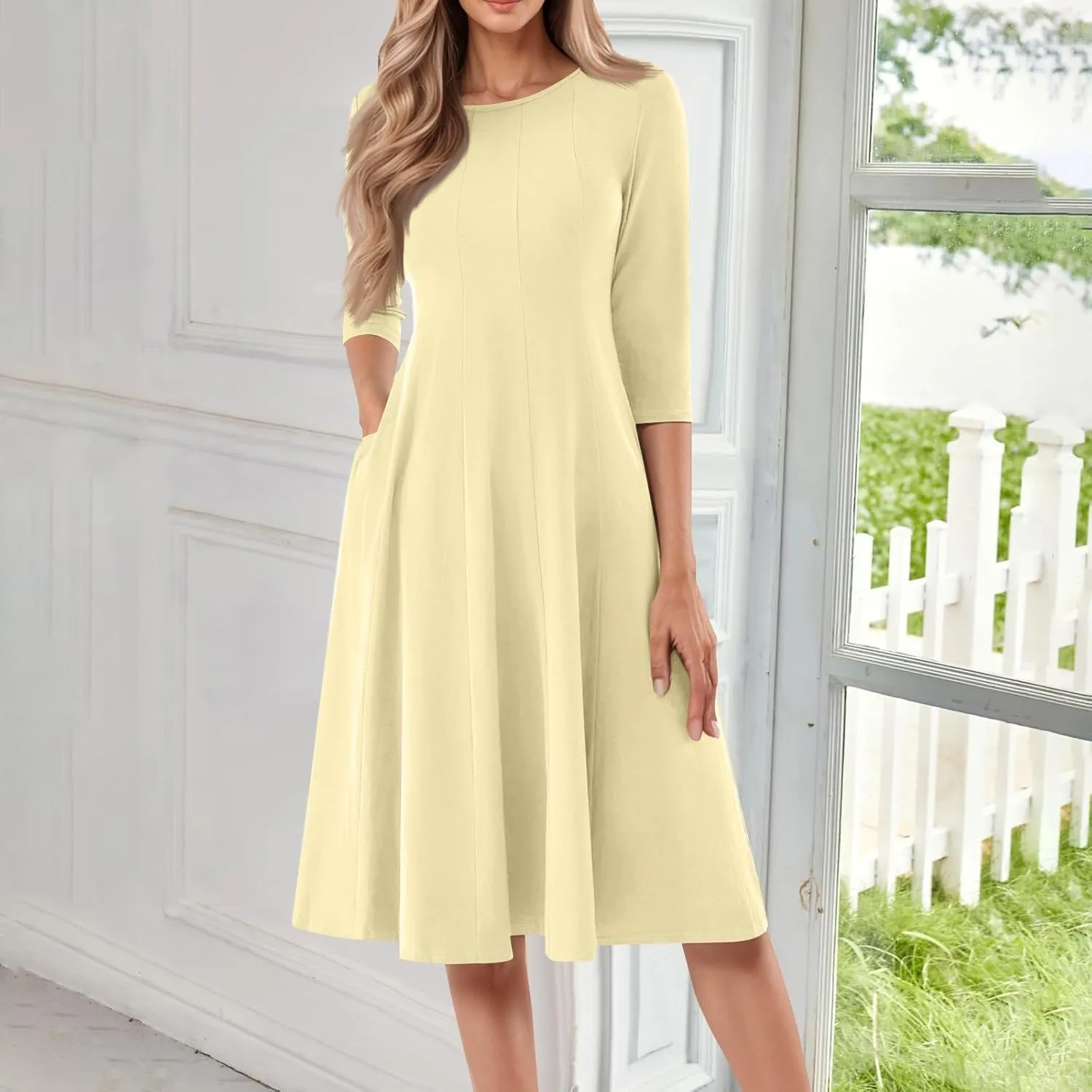 Sun Dresses for Women 2025 Vacation, Spring Casual Round Neck Three-Quarter Sleeve Solid Midi Dress