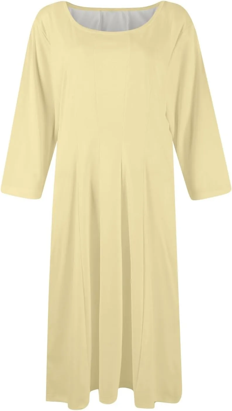 Sun Dresses for Women 2025 Vacation, Spring Casual Round Neck Three-Quarter Sleeve Solid Midi Dress