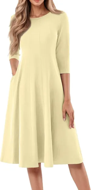 Sun Dresses for Women 2025 Vacation, Spring Casual Round Neck Three-Quarter Sleeve Solid Midi Dress
