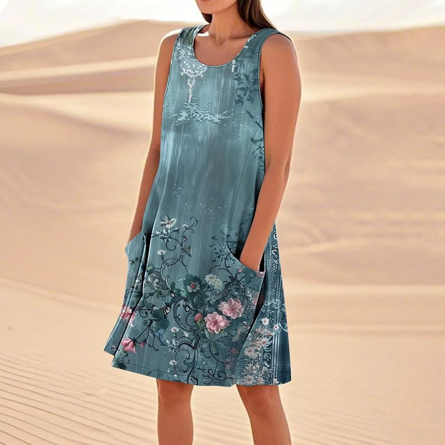 Sundresses for Women 2025 Crew Neck Sleeveless Cotton Linen Mini Dress Cute Floral Printed Tank Dress with Pockets