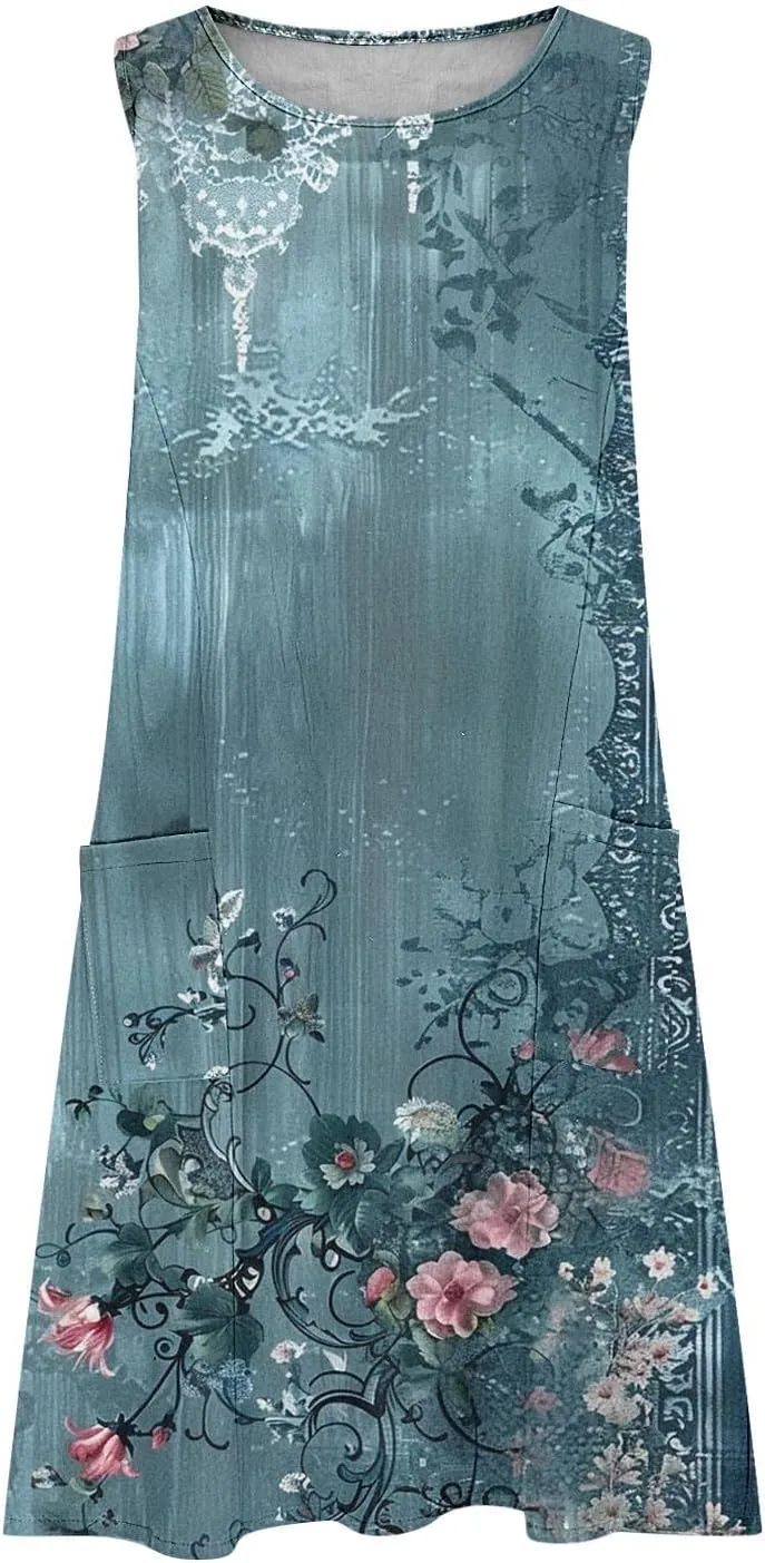 Sundresses for Women 2025 Crew Neck Sleeveless Cotton Linen Mini Dress Cute Floral Printed Tank Dress with Pockets