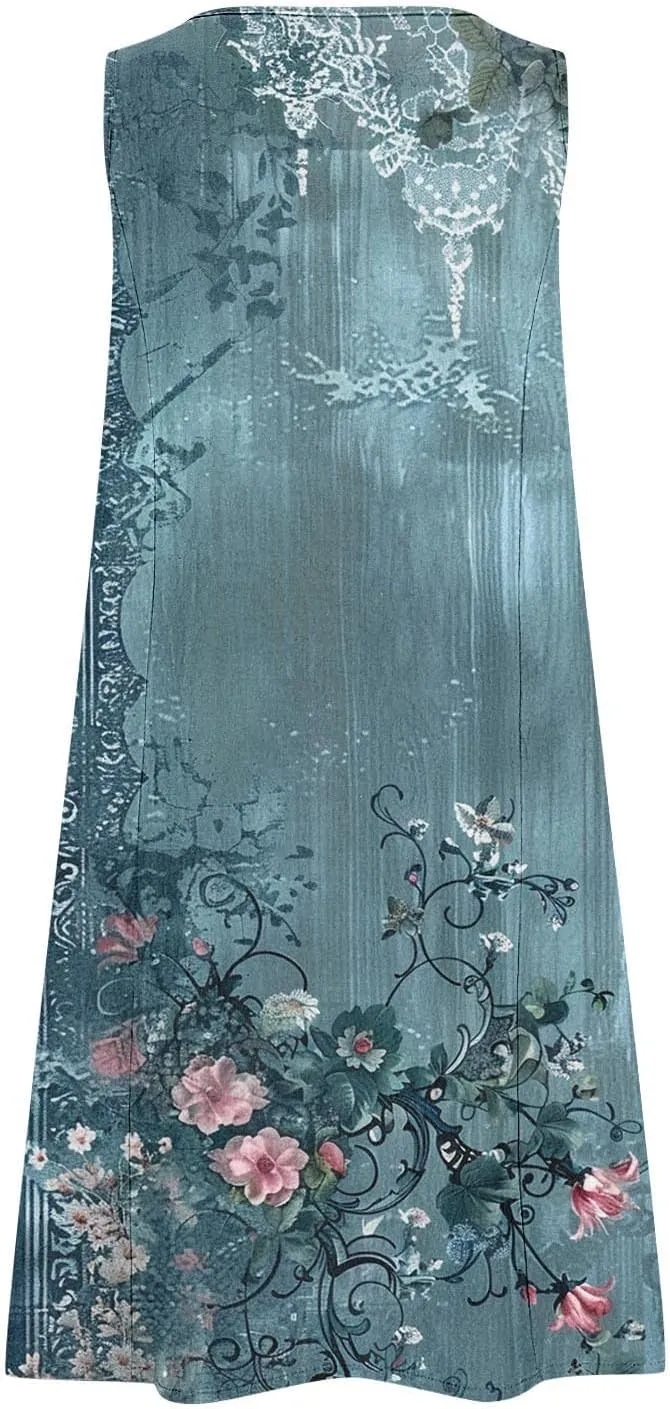 Sundresses for Women 2025 Crew Neck Sleeveless Cotton Linen Mini Dress Cute Floral Printed Tank Dress with Pockets