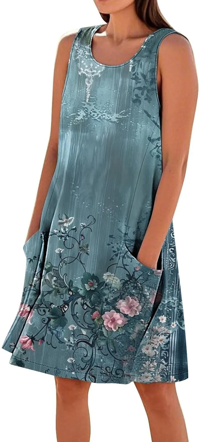 Sundresses for Women 2025 Crew Neck Sleeveless Cotton Linen Mini Dress Cute Floral Printed Tank Dress with Pockets