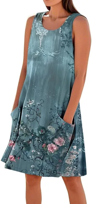 Sundresses for Women 2025 Crew Neck Sleeveless Cotton Linen Mini Dress Cute Floral Printed Tank Dress with Pockets