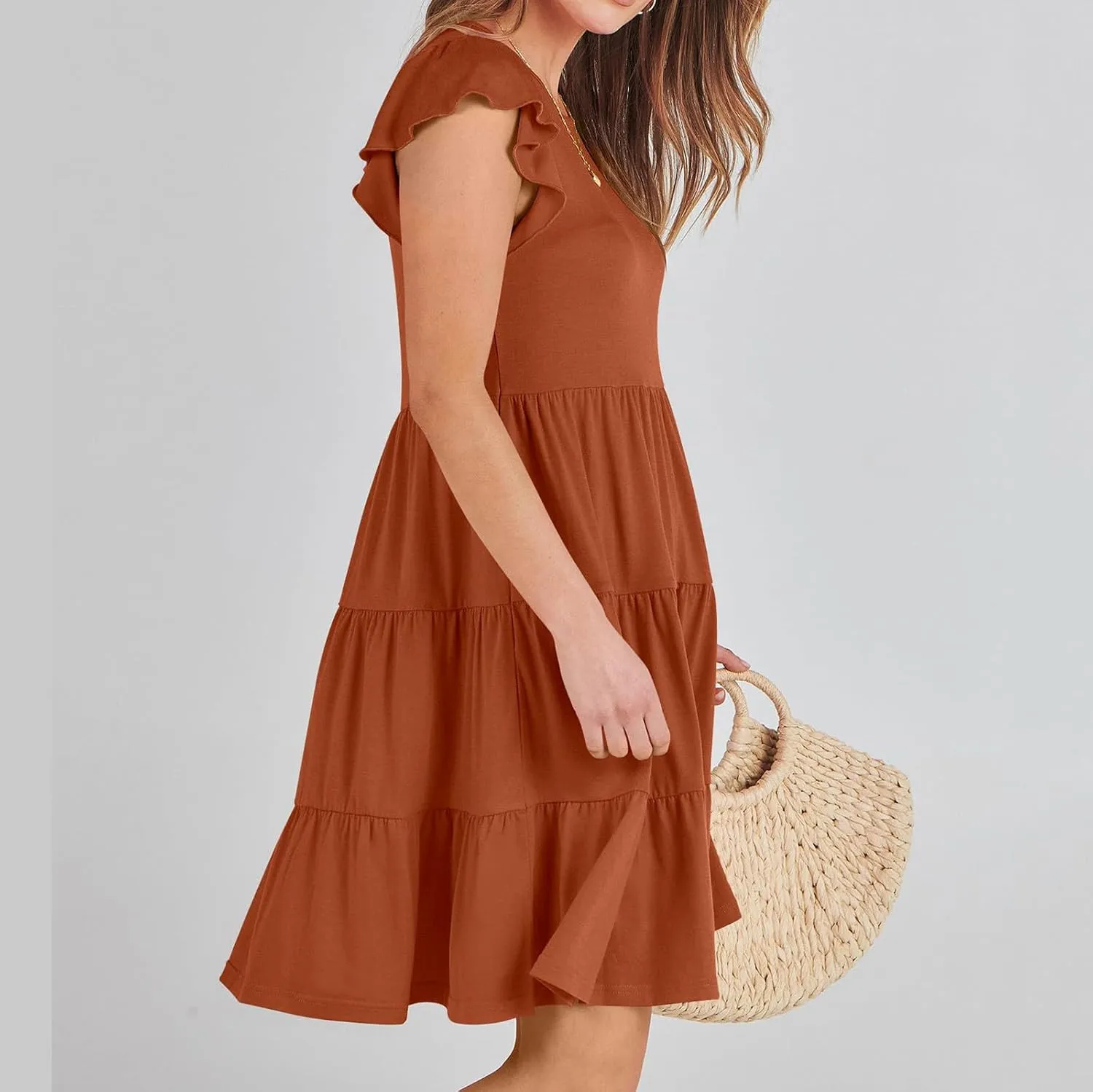 Sundresses for Women Ruffles Cap Sleeve Short Mini Dress Wedding Guest Cute Mini Tiered Babydoll Casual Summer Dress
