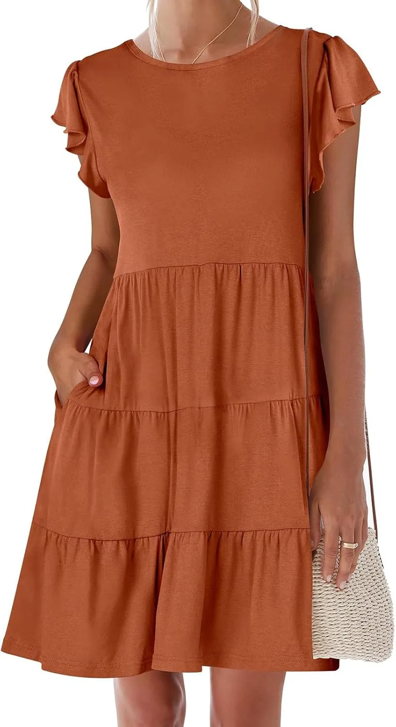 Sundresses for Women Ruffles Cap Sleeve Short Mini Dress Wedding Guest Cute Mini Tiered Babydoll Casual Summer Dress