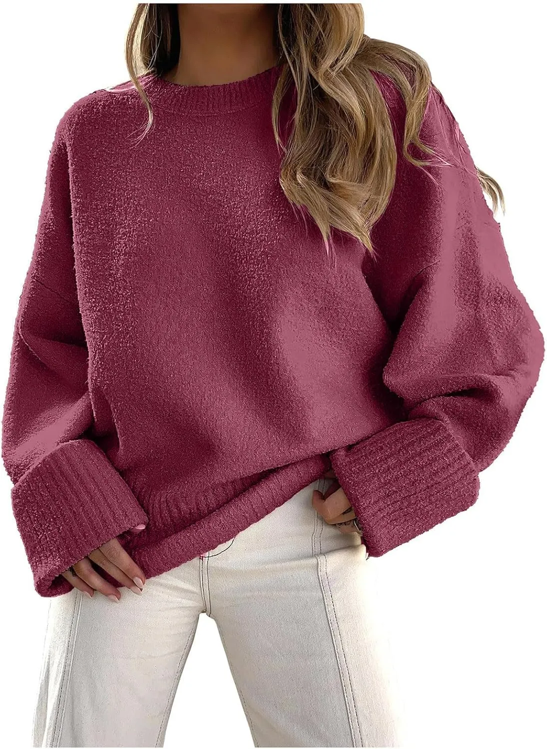 Sweater for Women Chunky Knit Crew Neck Solid Color Long Sleeve Casual Loose Fit Soft Sweaters Tops