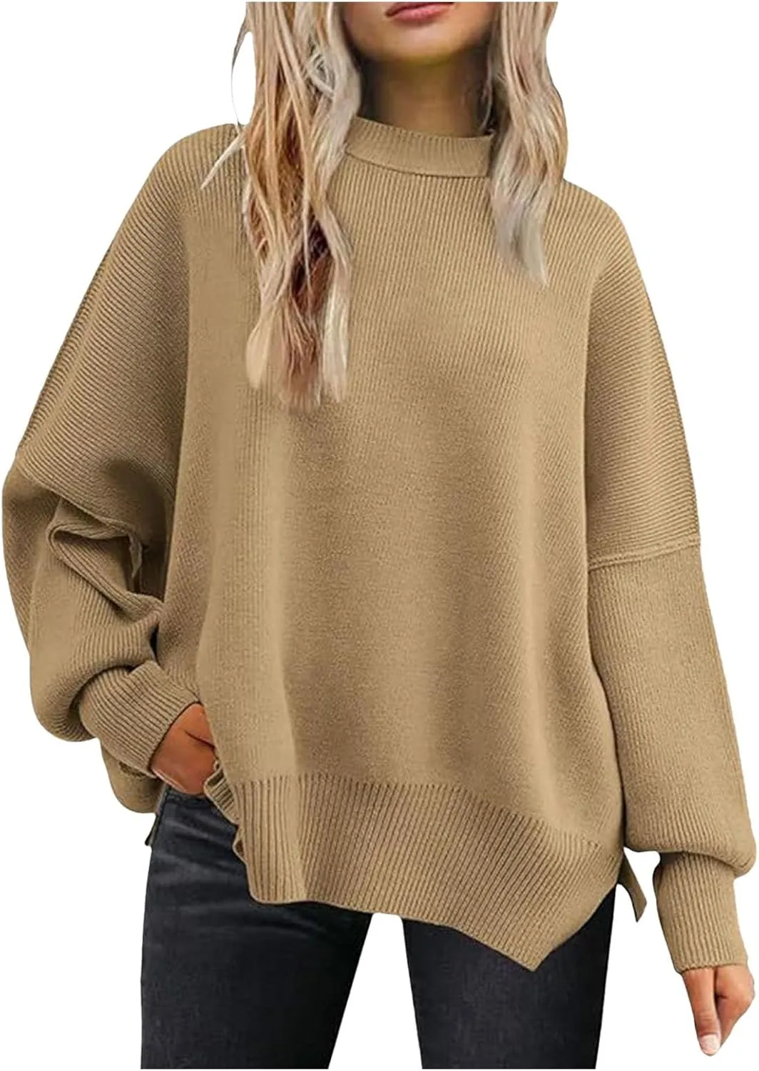Sweaters for Women Chunky Knit Round Neck Solid Color Long Sleeve Loose Fit Casual Soft Sweaters Tops