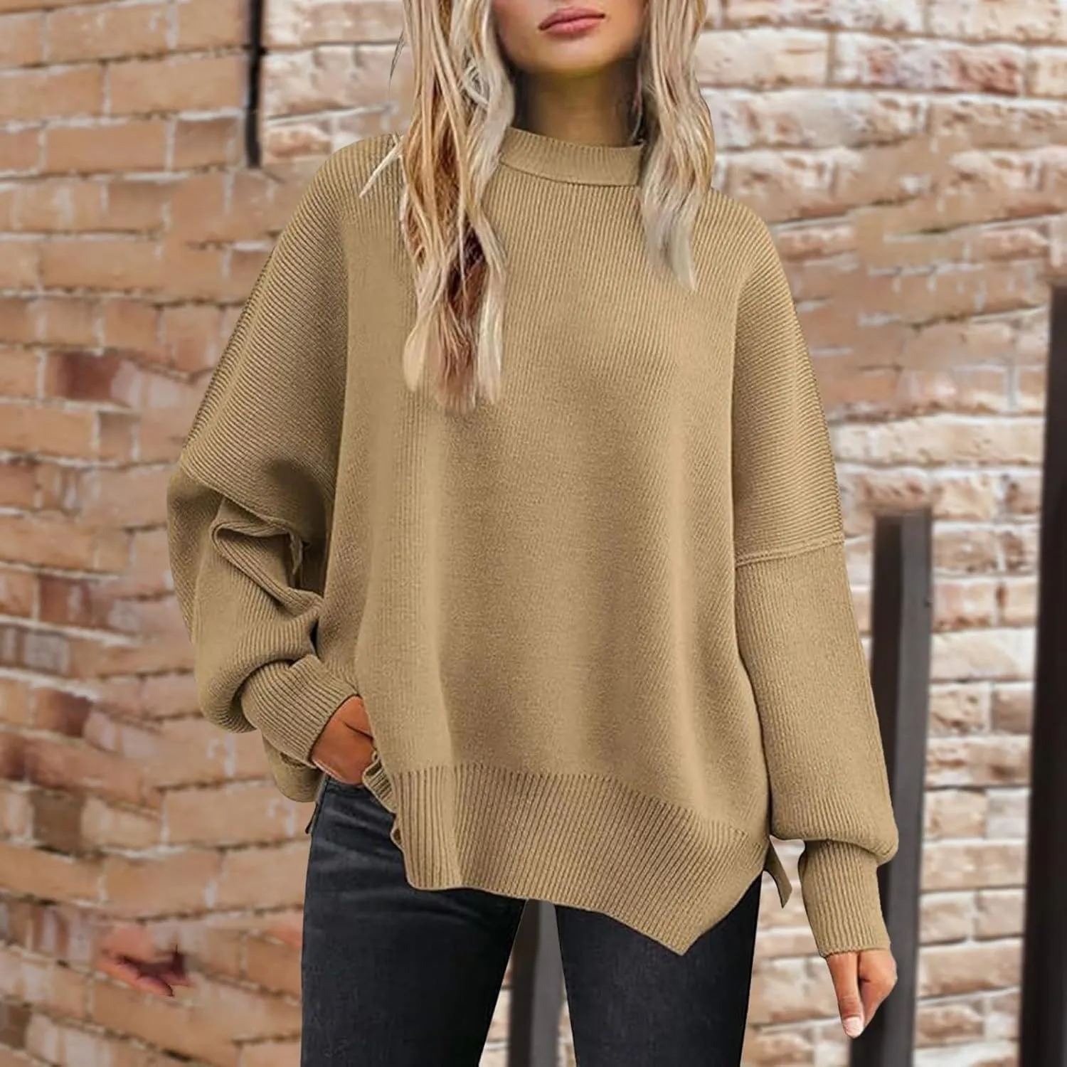 Sweaters for Women Chunky Knit Round Neck Solid Color Long Sleeve Loose Fit Casual Soft Sweaters Tops
