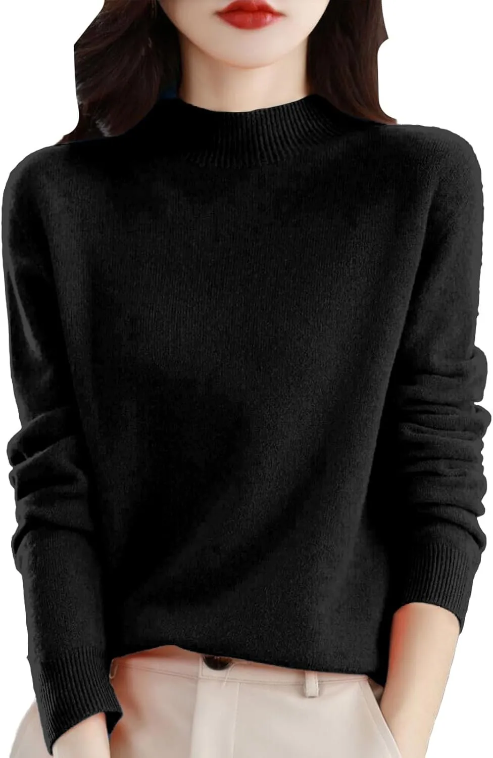 Sweaters for Women Oversized Mock Neck Cashmere Sweater Plain Long Sleeve Fleece Pullover Cozy Wool Cute Knit Sweater
