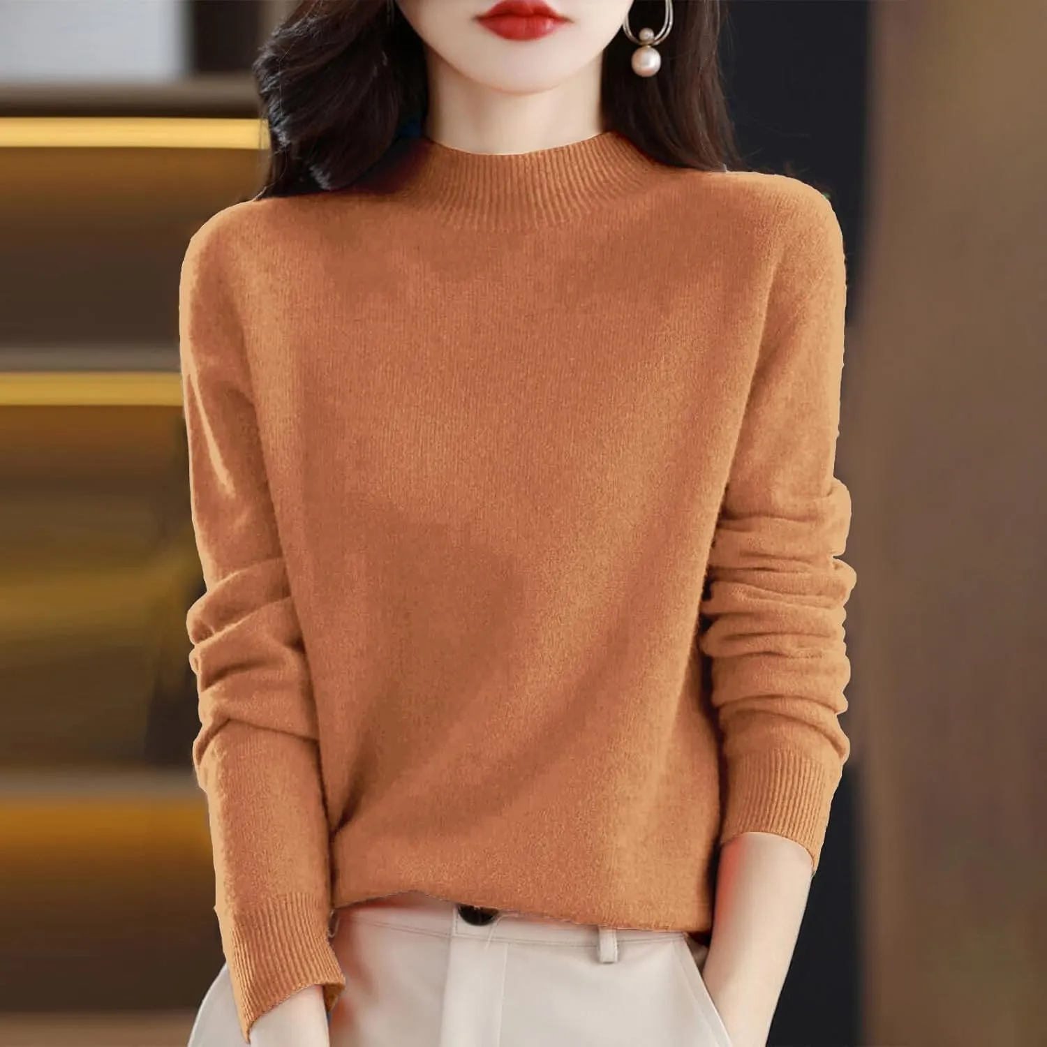 Sweaters for Women Oversized Mock Neck Cashmere Sweater Plain Long Sleeve Fleece Pullover Cozy Wool Cute Knit Sweater
