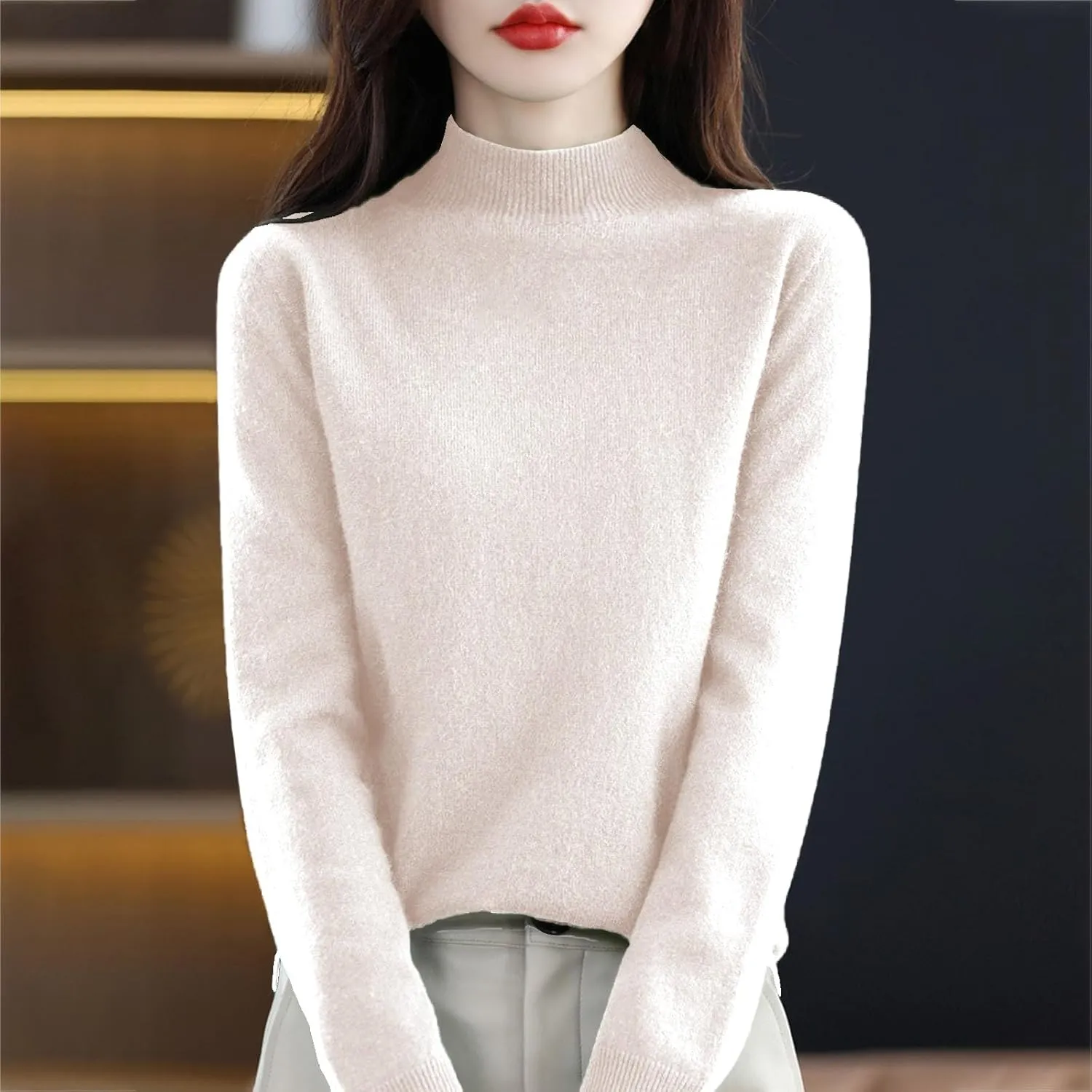 Sweaters for Women Oversized Mock Neck Cashmere Sweater Plain Long Sleeve Fleece Pullover Cozy Wool Cute Knit Sweater