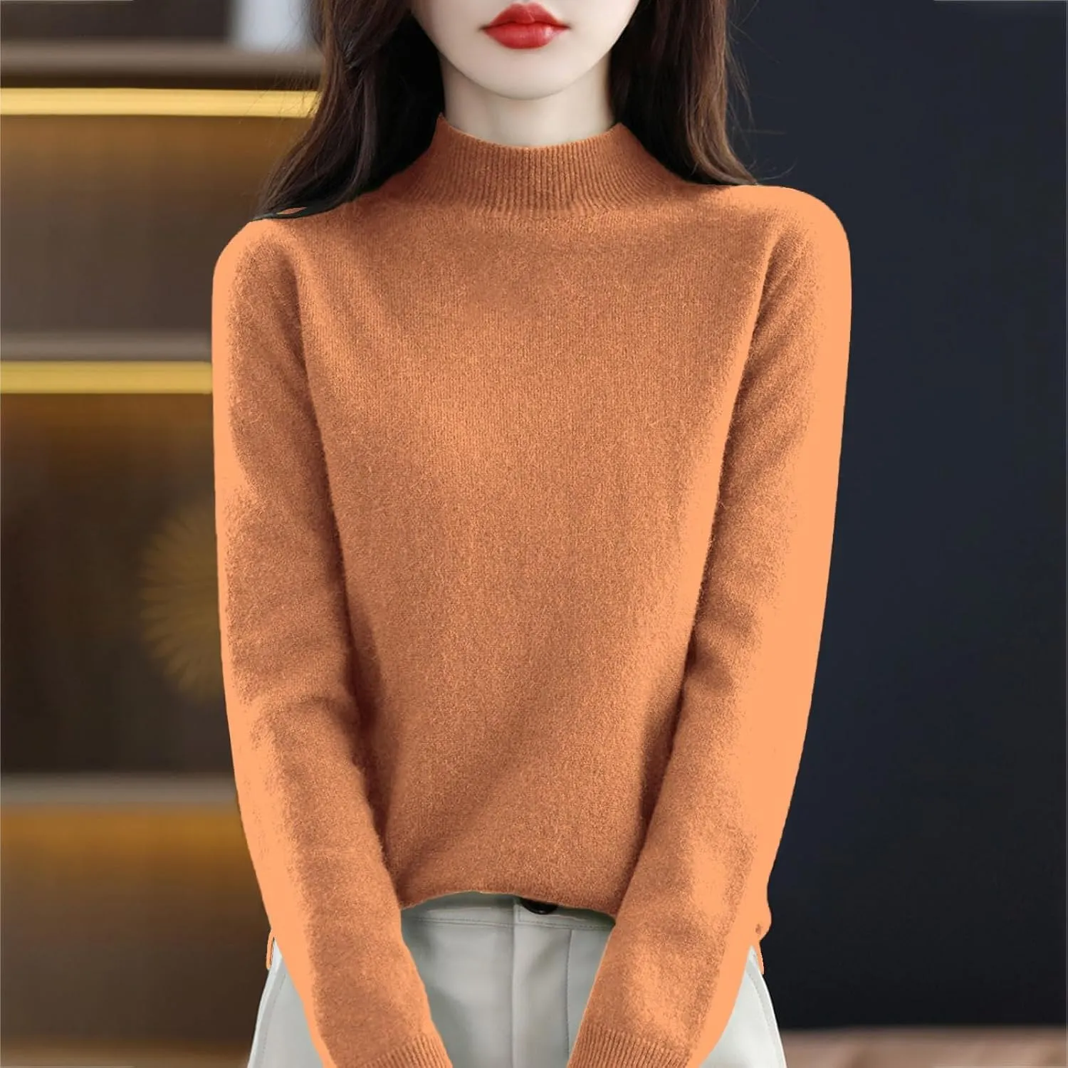 Sweaters for Women Oversized Mock Neck Cashmere Sweater Plain Long Sleeve Fleece Pullover Cozy Wool Cute Knit Sweater