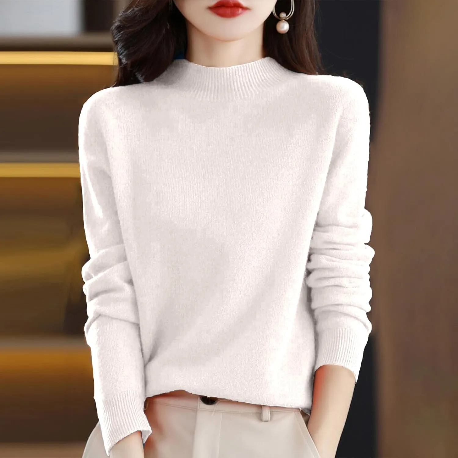 Sweaters for Women Oversized Mock Neck Cashmere Sweater Plain Long Sleeve Fleece Pullover Cozy Wool Cute Knit Sweater