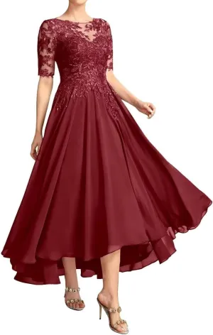 Tea Length Mother of The Bride Dresses for Wedding Short Sleeve Formal Dresses Lace Applique Chiffon Evening Party Gown