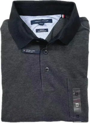 Tommy Hilfiger Men's Slim Fit Linen-Cotton Pocket Mesh Polo Shirt (Black/Iron (Slim Fit), S)