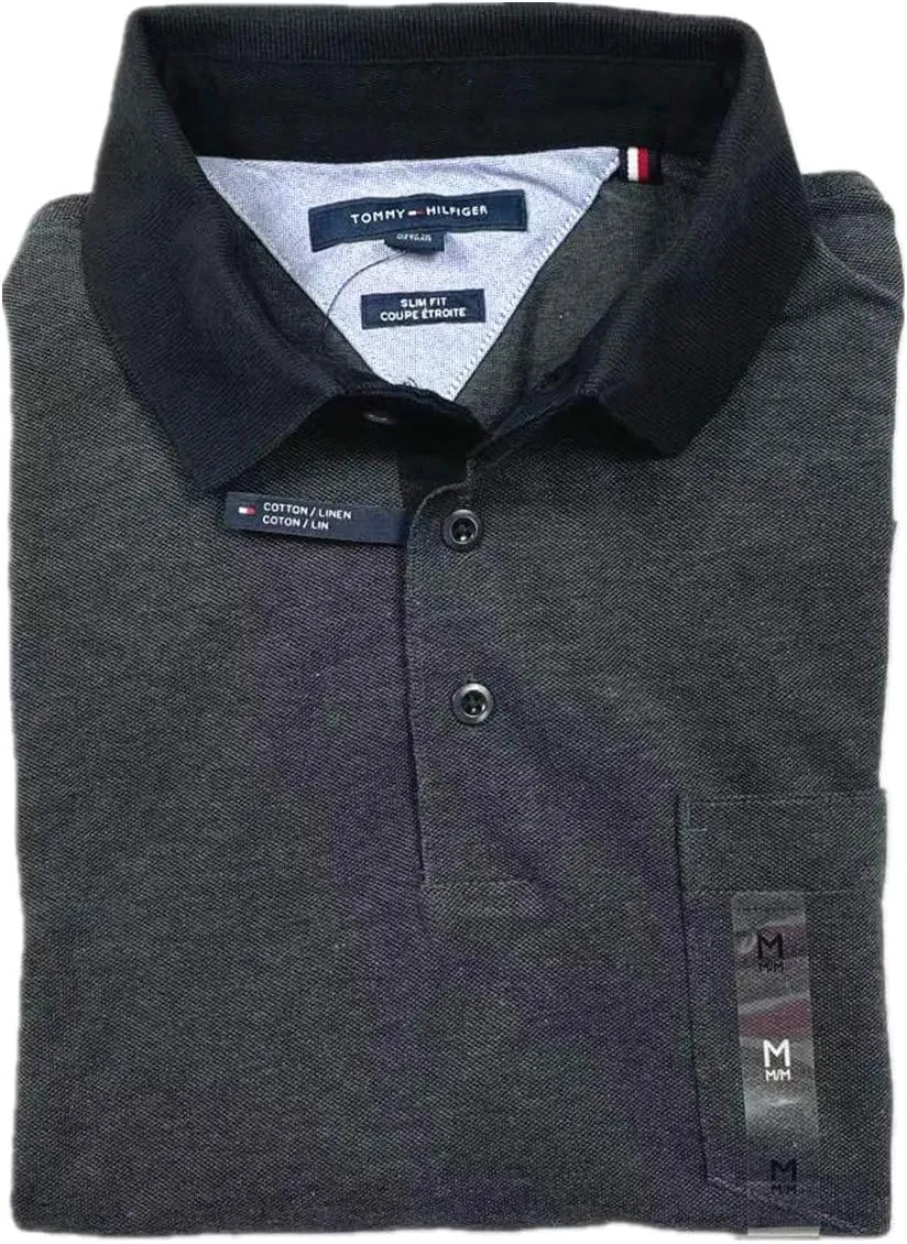 Tommy Hilfiger Men's Slim Fit Linen-Cotton Pocket Mesh Polo Shirt (Black/Iron (Slim Fit), XS)