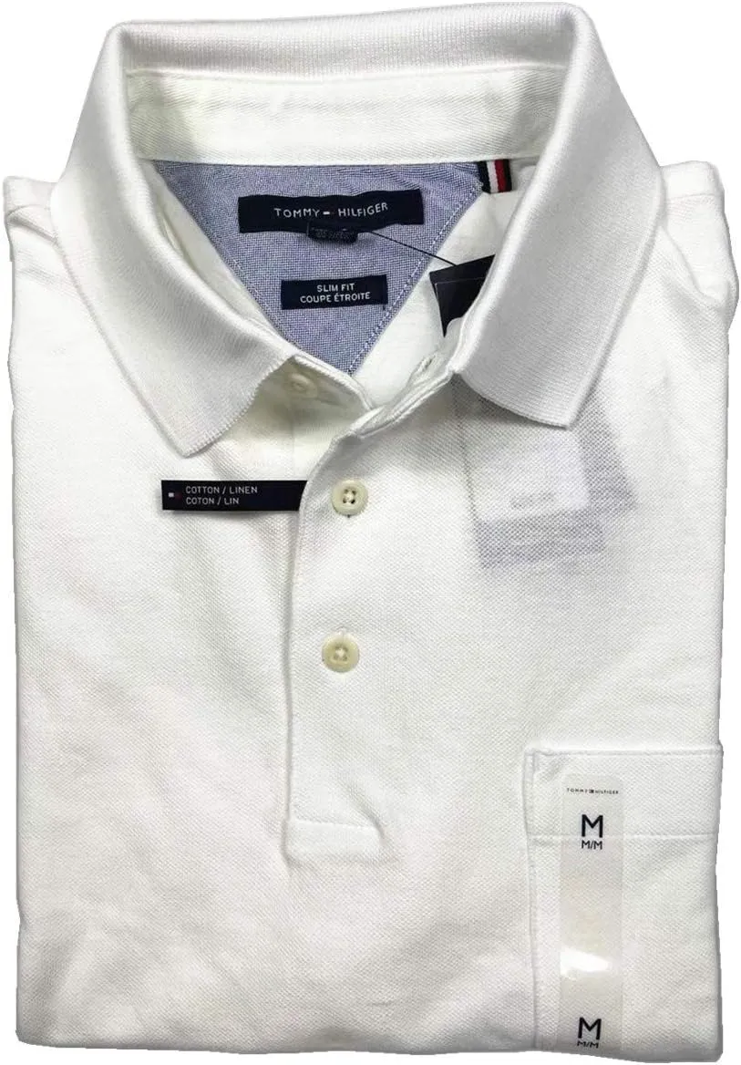 Tommy Hilfiger Men's Slim Fit Linen-Cotton Pocket Mesh Polo Shirt (White (Slim Fit), L)