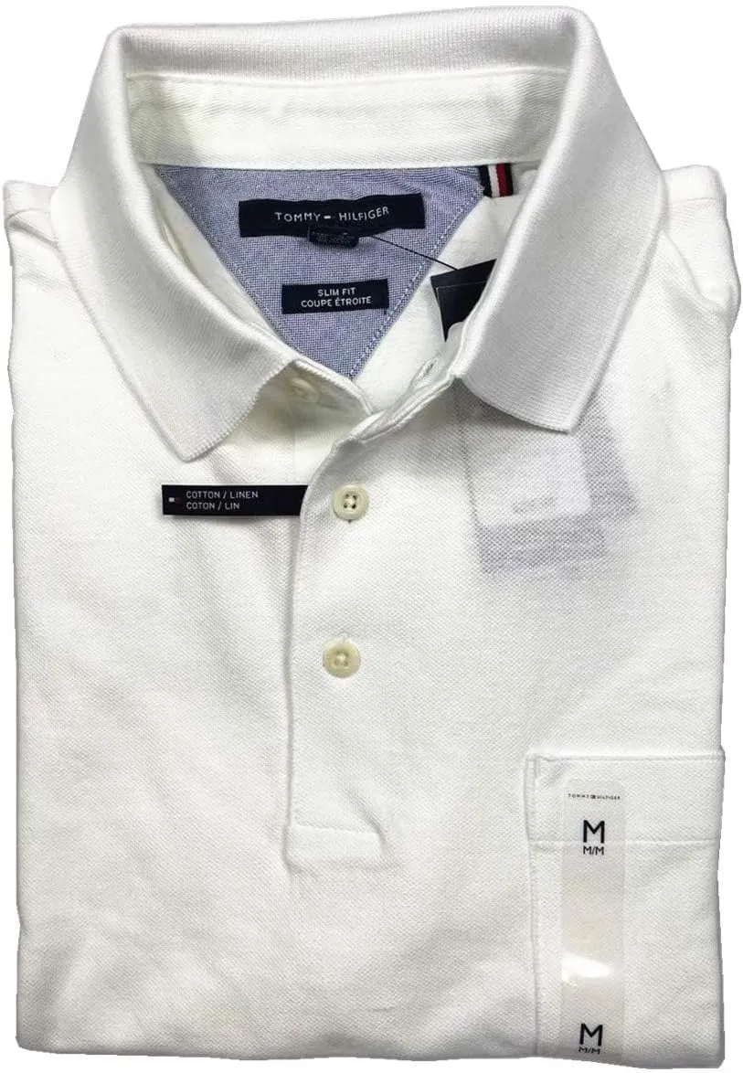 Tommy Hilfiger Men's Slim Fit Linen-Cotton Pocket Mesh Polo Shirt (White (Slim Fit), XL)