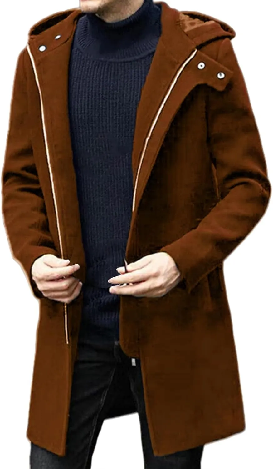 Trench Coat Men Casual Lapel Collar Business Winter Long Overcoats Zipper Hooded Pea Coats Slim Fit Thermal Long Coat