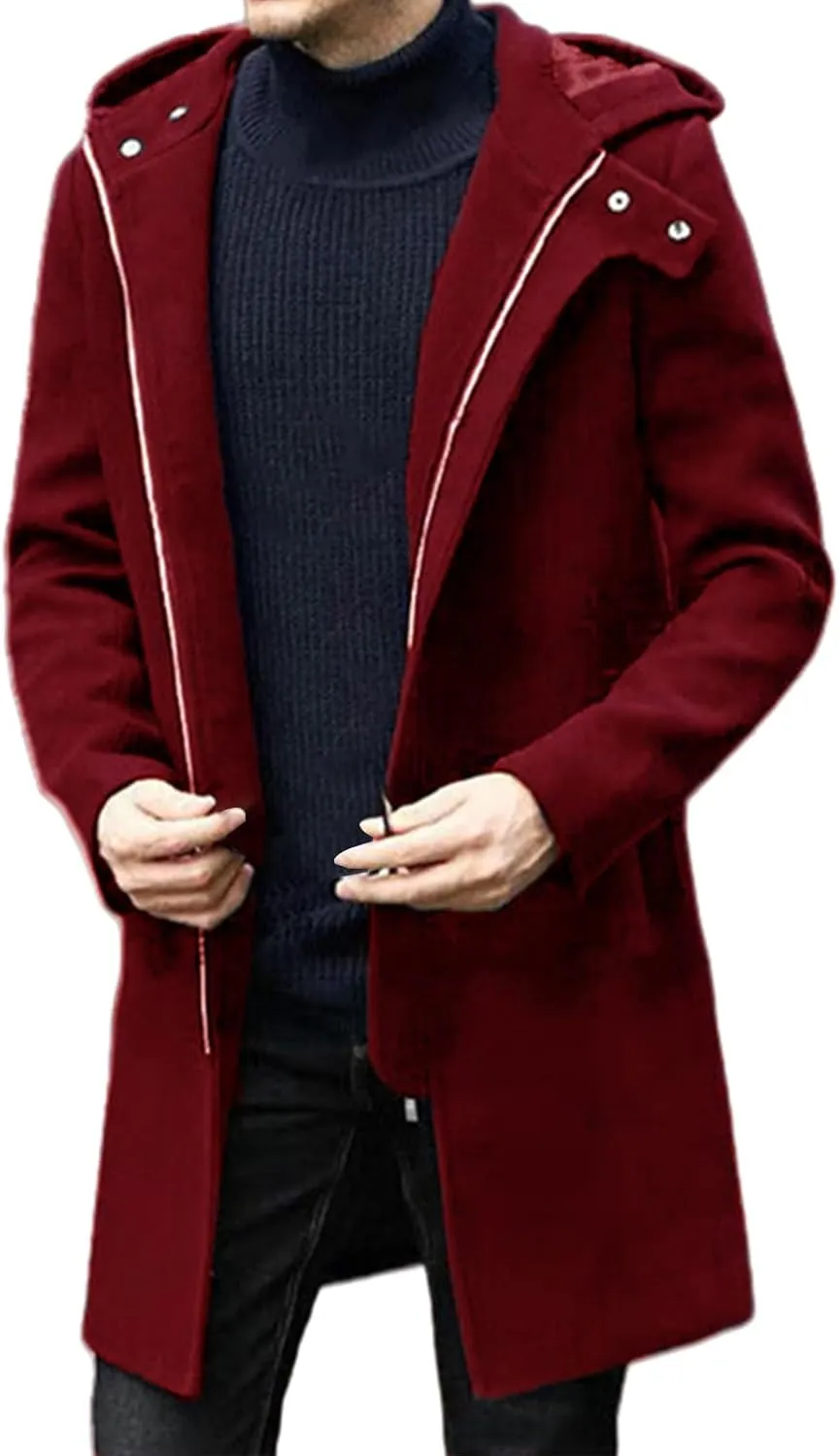 Trench Coat Men Casual Lapel Collar Business Winter Long Overcoats Zipper Hooded Pea Coats Slim Fit Thermal Long Coat