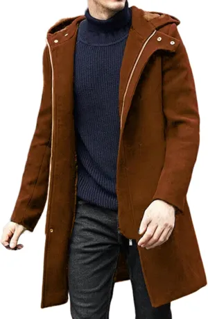 Trench Coat Men Casual Lapel Collar Business Winter Long Overcoats Zipper Hooded Pea Coats Slim Fit Thermal Long Coat