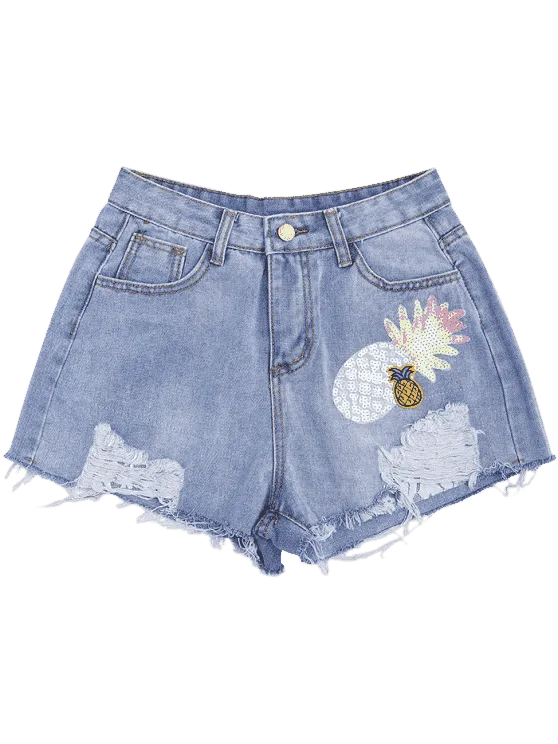 Trendy Patched Pineapple Sequined Ripped Denim Shorts