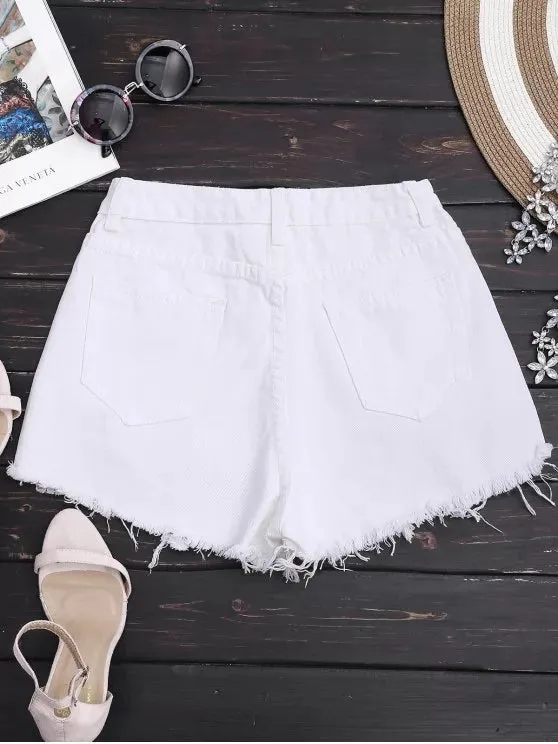 Trendy Patched Pineapple Sequined Ripped Denim Shorts