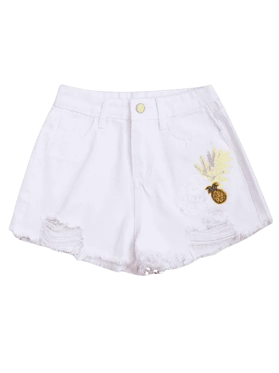 Trendy Patched Pineapple Sequined Ripped Denim Shorts