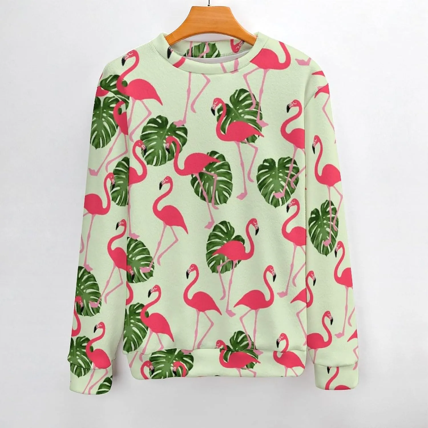 Tropical Flamingo Palm Leaves Crew Neck Sweater Oversized Long Sleeve Pure Cotton Casual Knit Pullover Sweatshirt