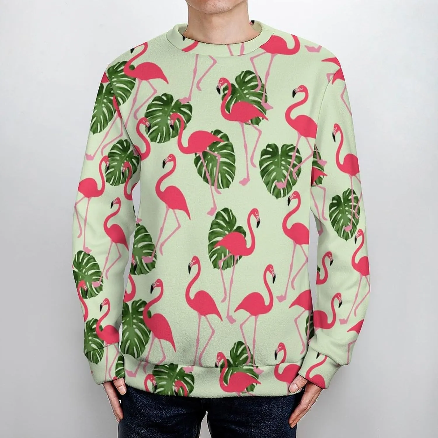 Tropical Flamingo Palm Leaves Crew Neck Sweater Oversized Long Sleeve Pure Cotton Casual Knit Pullover Sweatshirt