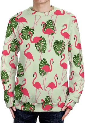 Tropical Flamingo Palm Leaves Crew Neck Sweater Oversized Long Sleeve Pure Cotton Casual Knit Pullover Sweatshirt