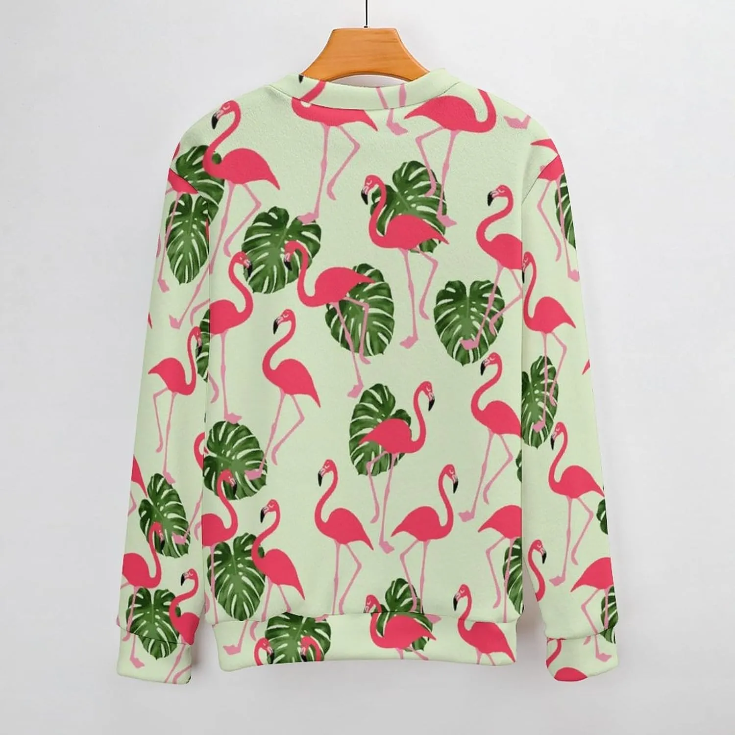 Tropical Flamingo Palm Leaves Crew Neck Sweater Oversized Long Sleeve Pure Cotton Casual Knit Pullover Sweatshirt