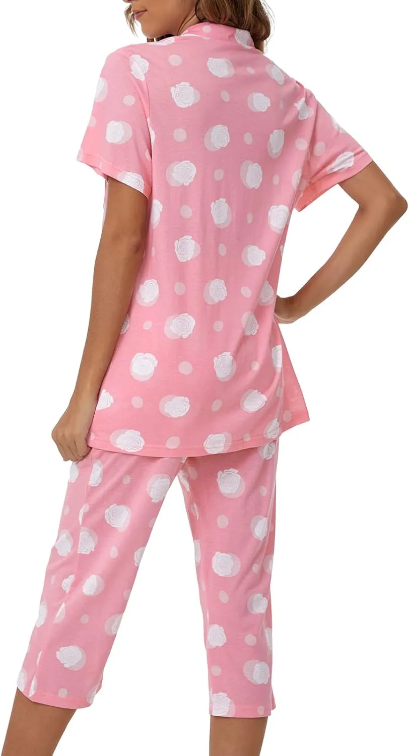 Tugege Capri Pajamas Set Womens Button Down Short Sleeve Lounge Sets Sleepwear Notch Collar Top & Capri 2 Piece PJ Sets