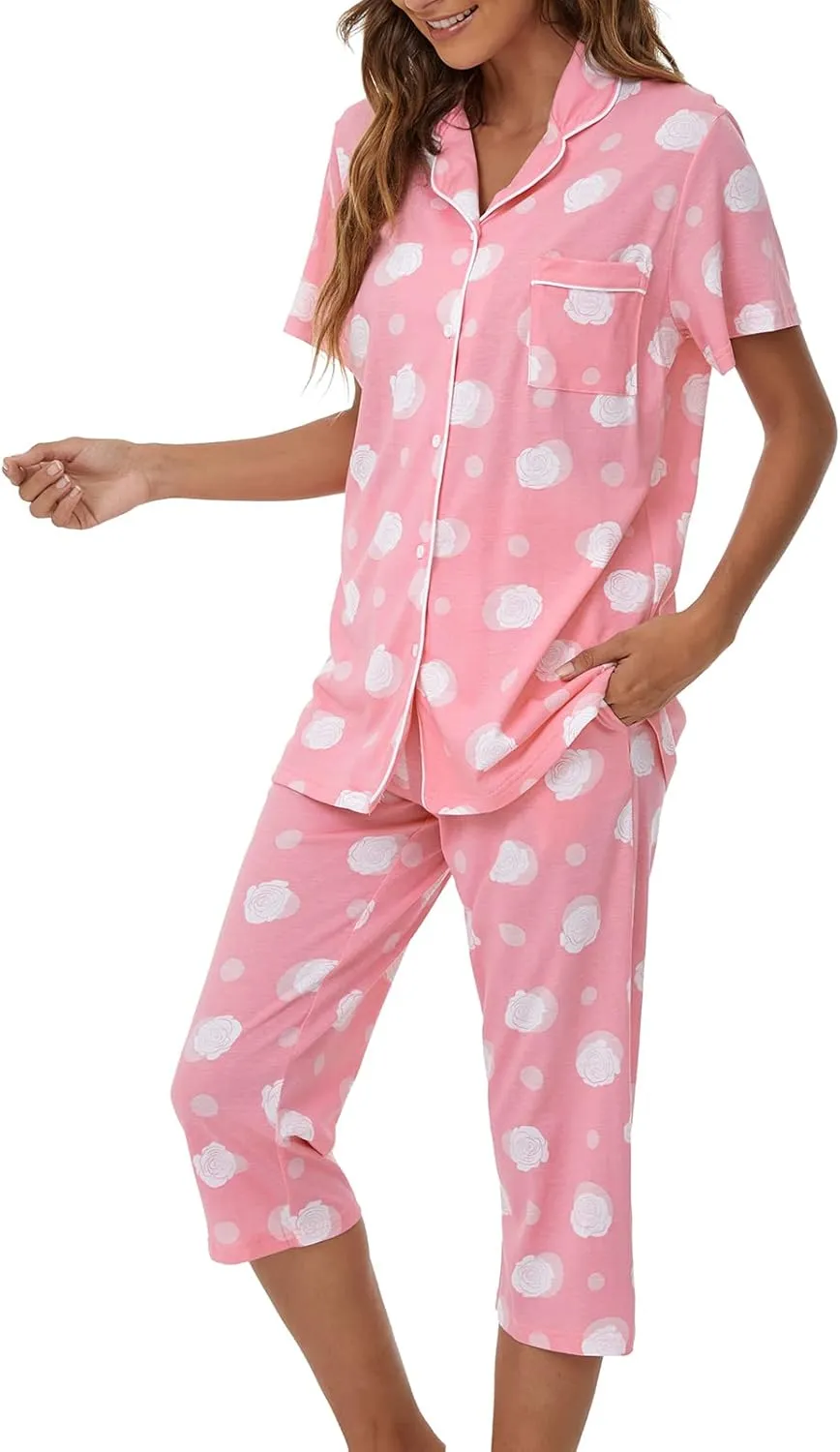 Tugege Capri Pajamas Set Womens Button Down Short Sleeve Lounge Sets Sleepwear Notch Collar Top & Capri 2 Piece PJ Sets