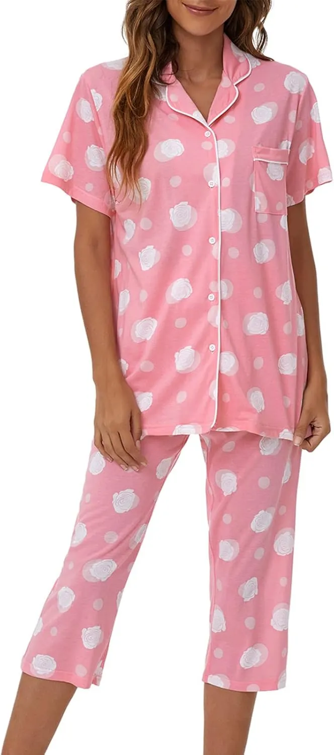 Tugege Capri Pajamas Set Womens Button Down Short Sleeve Lounge Sets Sleepwear Notch Collar Top & Capri 2 Piece PJ Sets