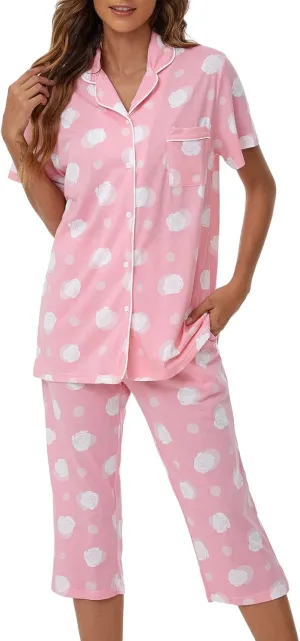 Tugege Capri Pajamas Set Womens Button Down Short Sleeve Lounge Sets Sleepwear Notch Collar Top & Capri 2 Piece PJ Sets