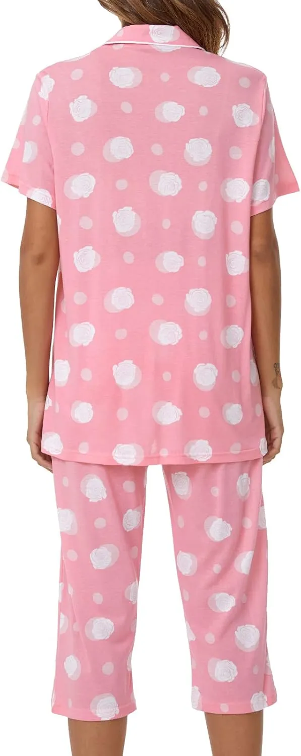 Tugege Capri Pajamas Set Womens Button Down Short Sleeve Lounge Sets Sleepwear Notch Collar Top & Capri 2 Piece PJ Sets