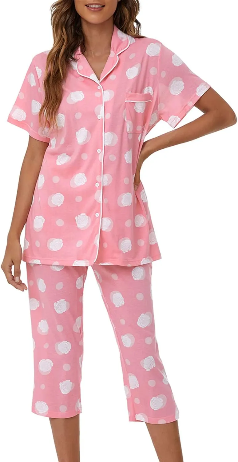 Tugege Capri Pajamas Set Womens Button Down Short Sleeve Lounge Sets Sleepwear Notch Collar Top & Capri 2 Piece PJ Sets